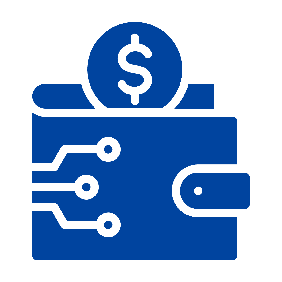 Blue icon of a digital wallet with a dollar coin and circuit-like connections on the side.