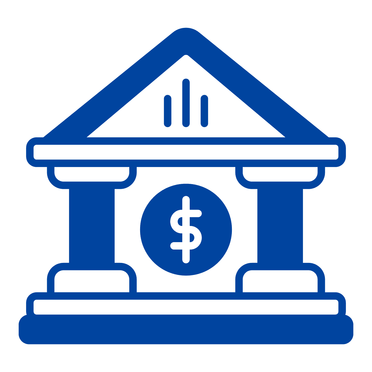 Blue icon of a bank with columns and a dollar sign in the center.